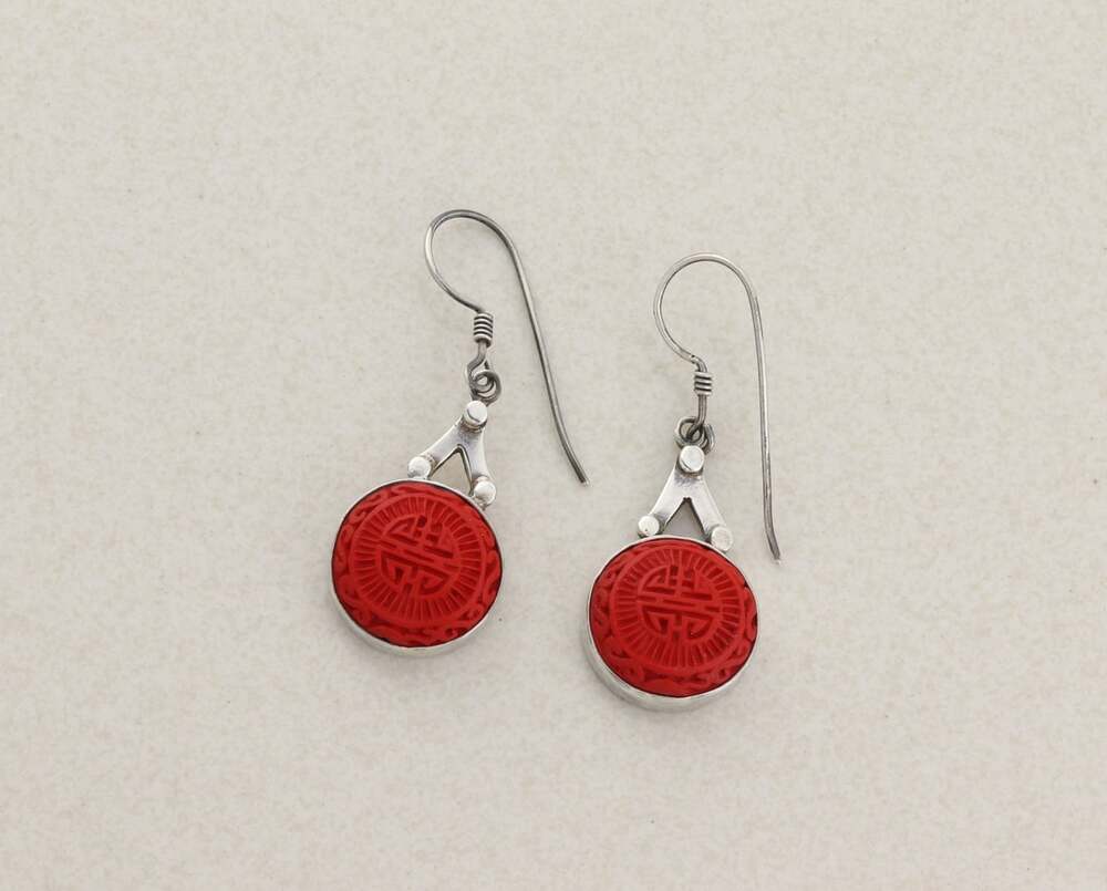 Sterling Silver Sajen Cinnabar Chinese Long Life Earrings Dangle 2 " x 5/8" in - Picture 1 of 8